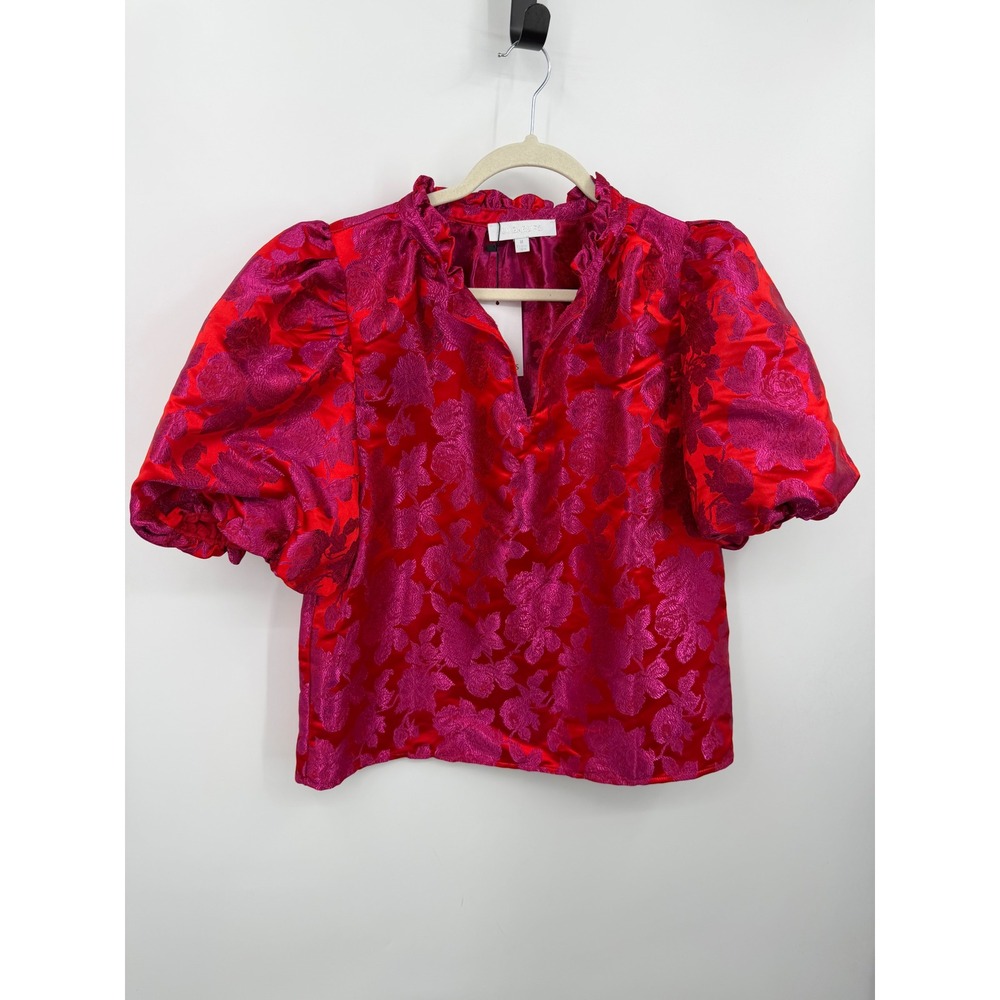 Sugarlips Floral Jacquard Puff Sleeve Blouse Womens Medium Red Pink STT17105B